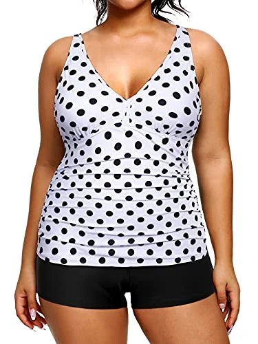 Two Piece Deep V Neck Plus Size Swimsuits Shorts Tummy Control Tankini-Black Dot