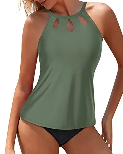 Two Piece Tummy Control High Neck Tankini Swimsuits For Women-Olive Green