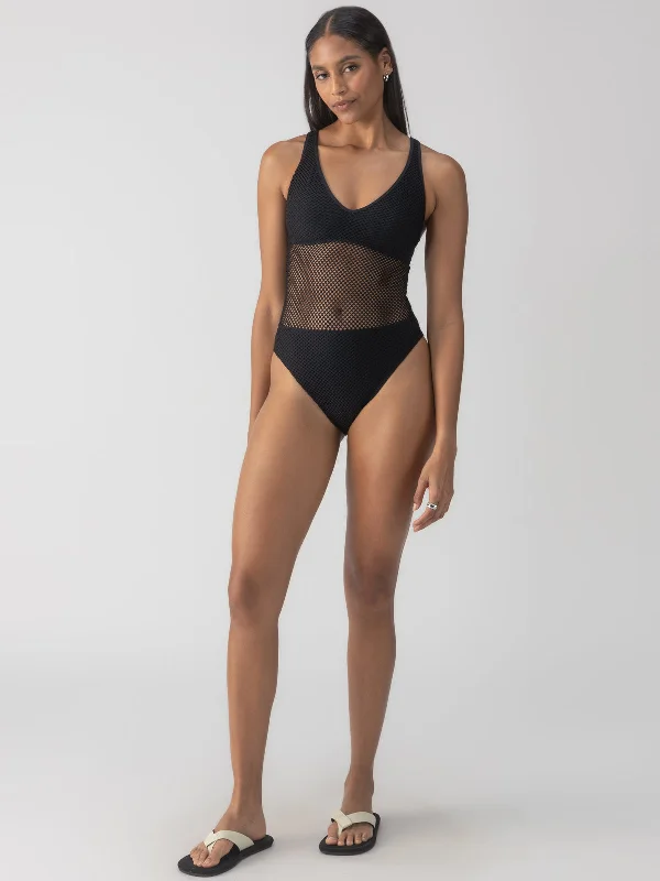 Sea Crochet High Leg Scoop Neck One-Piece Black