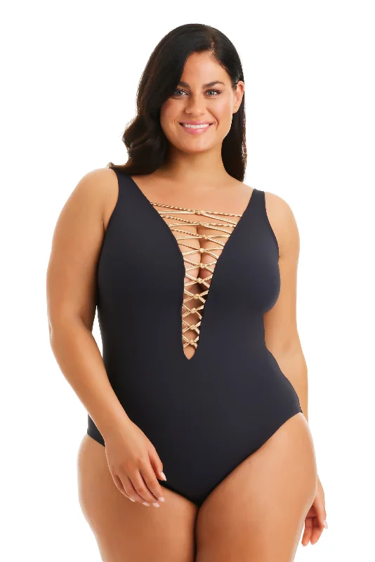 Kore One Piece High Neck Lace Down Swimsuit, Plus