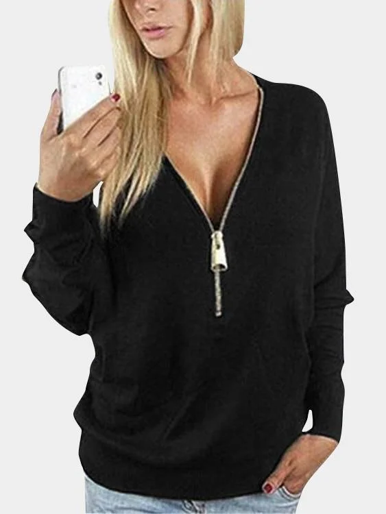 Wholesale V-Neck Long Sleeve Black Top