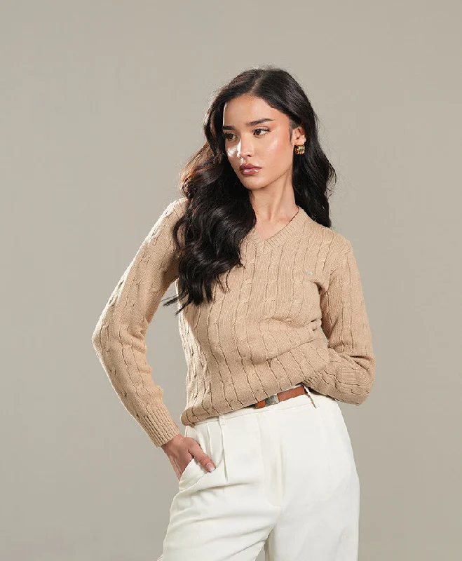 Khaki V-Neck Cable Knit Sweater (Women)