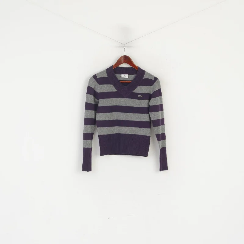 Lacoste Women M Jumper Grey Purple Striped Cropped Stretch V Neck Sweater