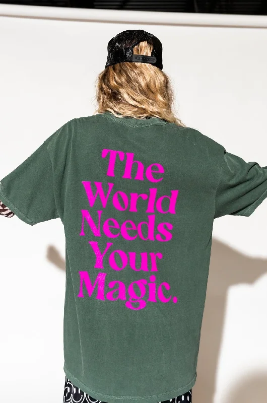 The World Needs Your Magic Oversized Tee in Jade + Pink