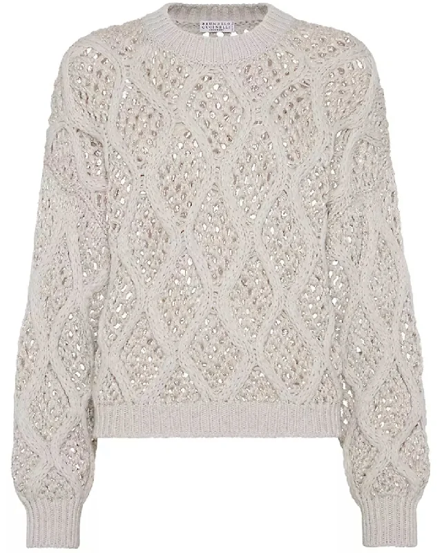 Pearl Grey Paillette Cable Knit Sweater