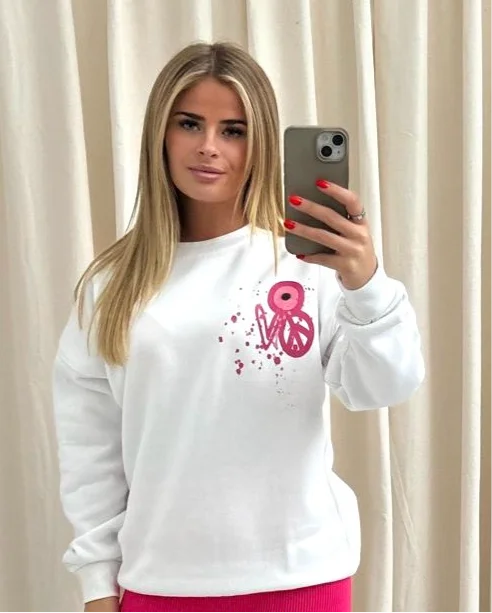 Pink Evil Eye, Peace, Heart Graffiti Sweatshirt White