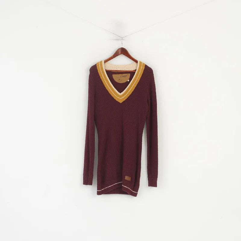 Khujo Women L (M) Long Jumper Maroon Cotton Vintage Knit Slim Fit Tunic Sweater