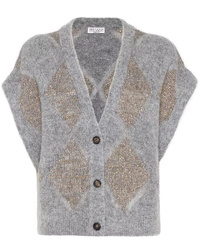 Grey and Copper Paillette Argyle Vest