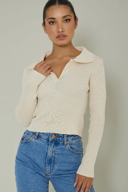 Lake Days Collared Knit Top Cream