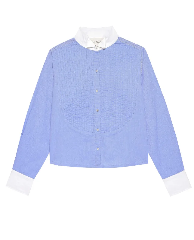 The Pleated Tux Top. -- Blue Oxford with White Poplin Trim