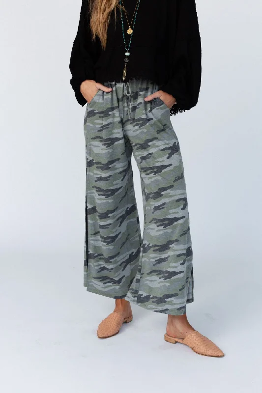 The Nest Casual Wanderer Wide Leg Slit Pants - Army Green Charcoal Camo