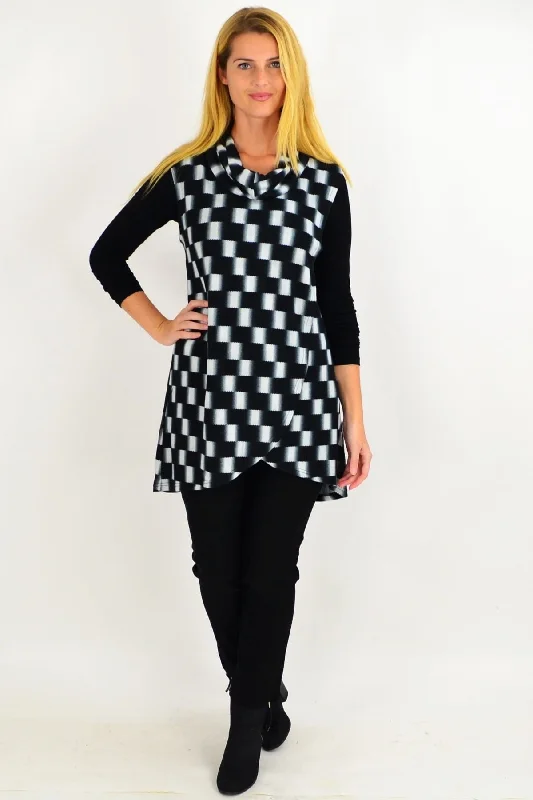 Black Check Fold Over Front Tunic Top