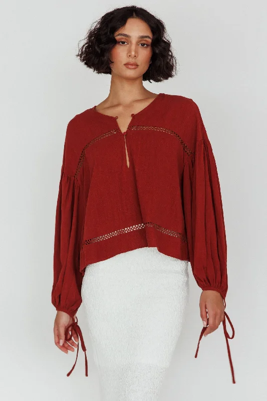 Waltz Long Sleeve Embroidery Trim Top Tobacco