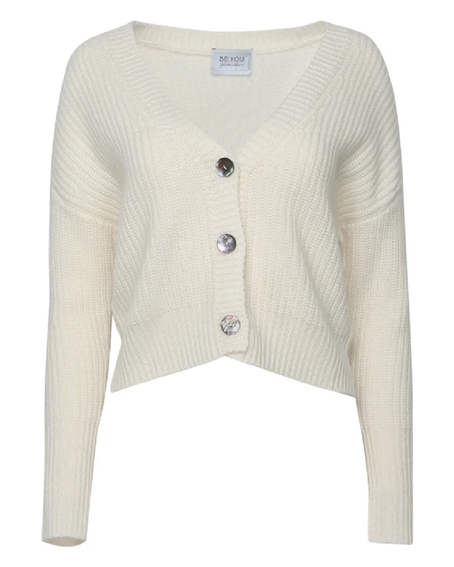 White V Neck Big Stitch Cardigan